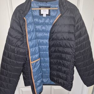 Young Mens Old Navy Puffer Jacket, Black with Blue and Orange Accents